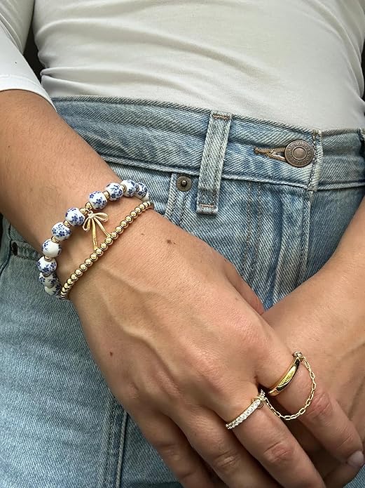 Beads Bow Charm Bracelet for Women Flower Vintage Bracelet Handmade Stretch Beaded Dainty Romantic Jewelry Gifts