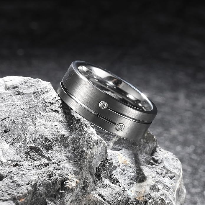 King Will Mens Tungsten Wedding Band with Cubic Zircon Inlay 7mm/8mm Flat Cut Comfort Fit Engagement Rings
