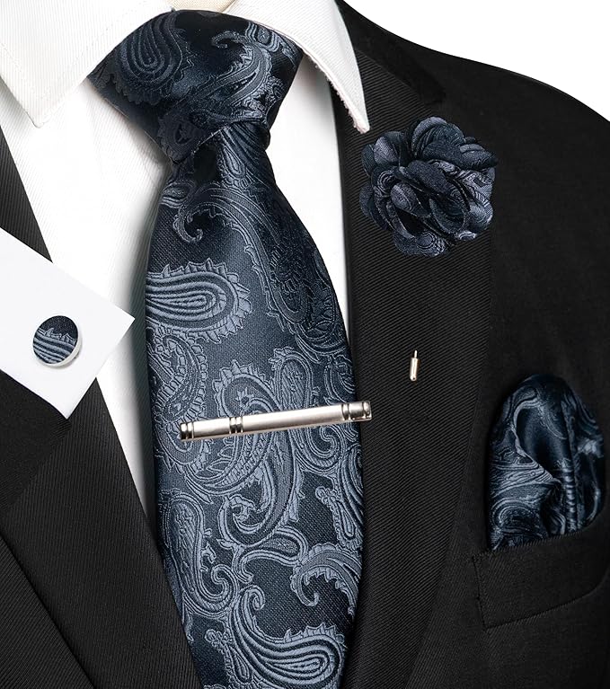 JEMYGINS Mens Paisley Tie and Pocket Square,Lapel Pin,Cufflinks,Tie Clip Sets with Gift Box 5PCS