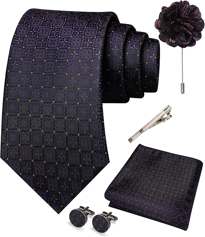 JEMYGINS Mens Tie and Pocket Square,Lapel Pin,Cufflinks,Tie Clip Sets with Gift Box 5PCS