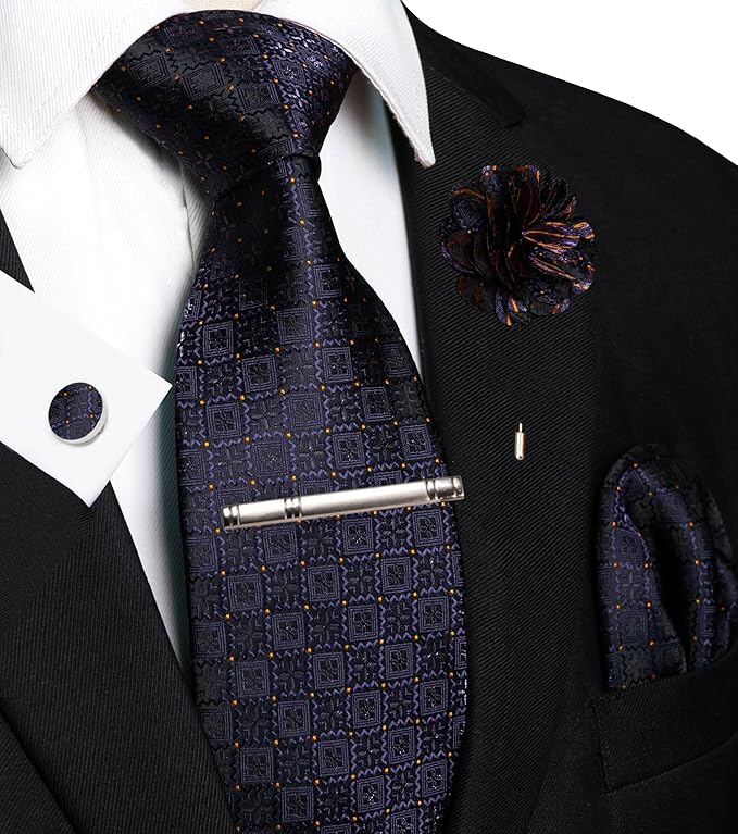 JEMYGINS Mens Tie and Pocket Square,Lapel Pin,Cufflinks,Tie Clip Sets with Gift Box 5PCS