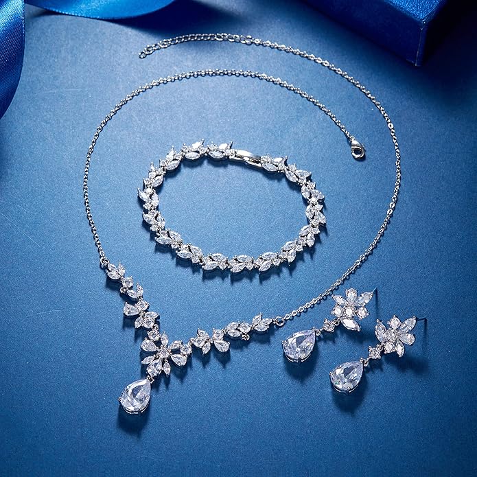 EleQueen Women's Wedding Bridal Jewelry Set for Brides Bridesmaids, Silver/14K Gold/Rose Gold Plated Cubic Zirconia Teardrop Necklace Dangle Earrings Bracelet Sets for Party Prom