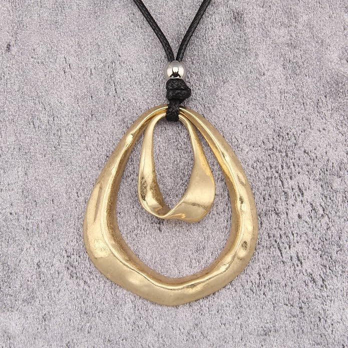 Long Boho Necklaces for Women Vintage Leather Wooden Pendant Y Choker Ethnic Style Gold Circle Hippie Sweater Necklace
