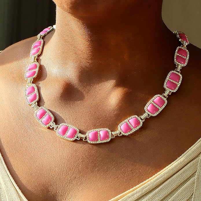 Chunky Necklace for Women 12 Colors Diamond Stone Gold Statement Necklace for Women Full Trendy Blue Birthstone Choker Necklace for Women Square Design Necklace Jewelry