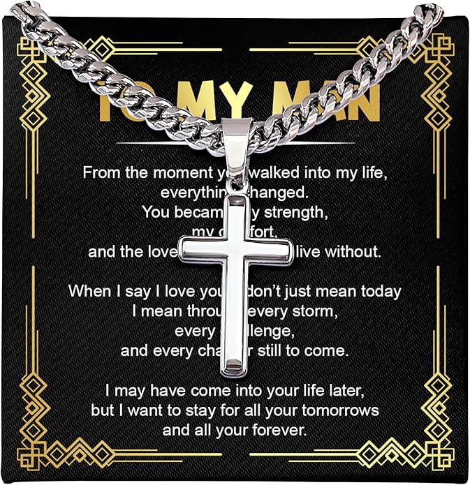 FLAGISTA To My Man Cross Necklace, Stainless Steel Cross Pendant with Adjustable Cuban Link Chain, Meaningful Gift for Him.