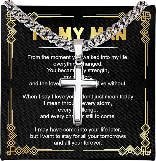 FLAGISTA To My Man Cross Necklace, Stainless Steel Cross Pendant with Adjustable Cuban Link Chain, Meaningful Gift for Him.