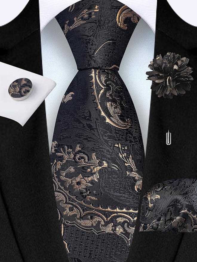 GUSLESON 8cm Paisley Tie Set for Men Necktie Lapel Pin Pocket Square Cufflinks Set for Men