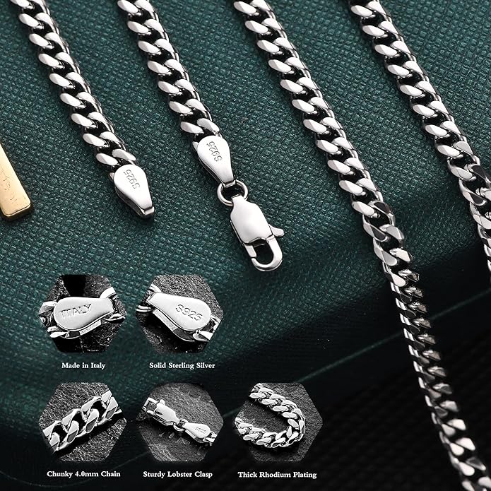Italian Solid 925 Sterling Silver Chain Necklace for Women, 4.0mm Cuban Link Chain Necklace 14K White Gold Vermeil Sterling Silver Necklace for Women Men 16" 18" 20" 22" 24" Made in Italy