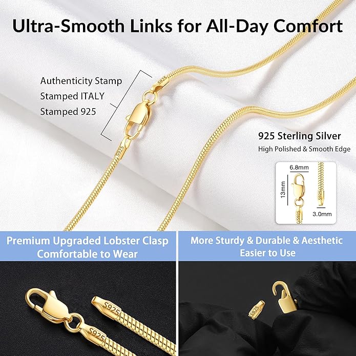 Jewlpire 1.5mm Snake Chain 18K Gold Plated 925 Sterling Silver Chain Necklace for Women, Dainty & Smooth & Shiny Womens Chains Necklace, 16 18 20 22 24 Inch
