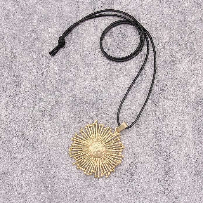 Long Boho Necklaces for Women Vintage Leather Wooden Pendant Y Choker Ethnic Style Gold Circle Hippie Sweater Necklace
