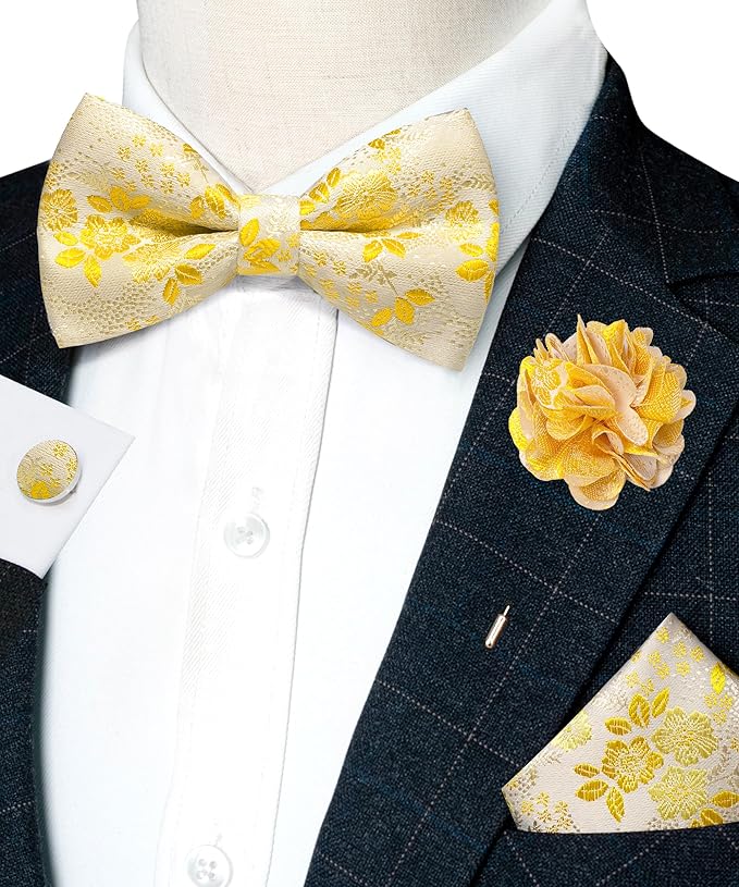 JEMYGINS Floral Pre-tied Bow Tie and Pocket Square Cufflinks Lapel Pin Sets for Men 4PCS