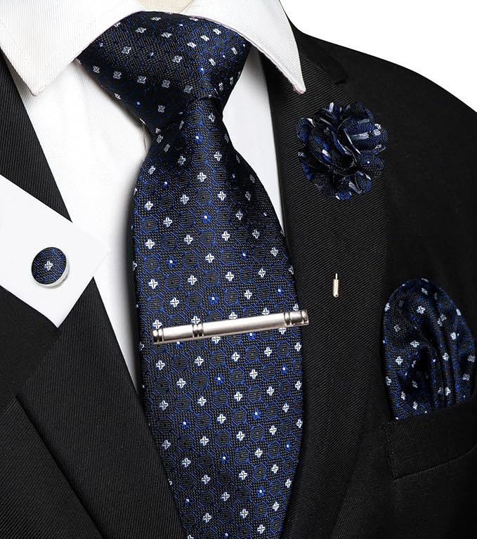 JEMYGINS Mens Tie and Lapel Pin Necktie Pocket Square Cufflinks and Tie Clip Sets for Business Casual 5PCS