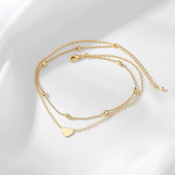 Pencros Dainty Layered Anklet,14K Gold Filled Cute Beads Satellite Chain Heart Boho Adjustable Anklets for Women