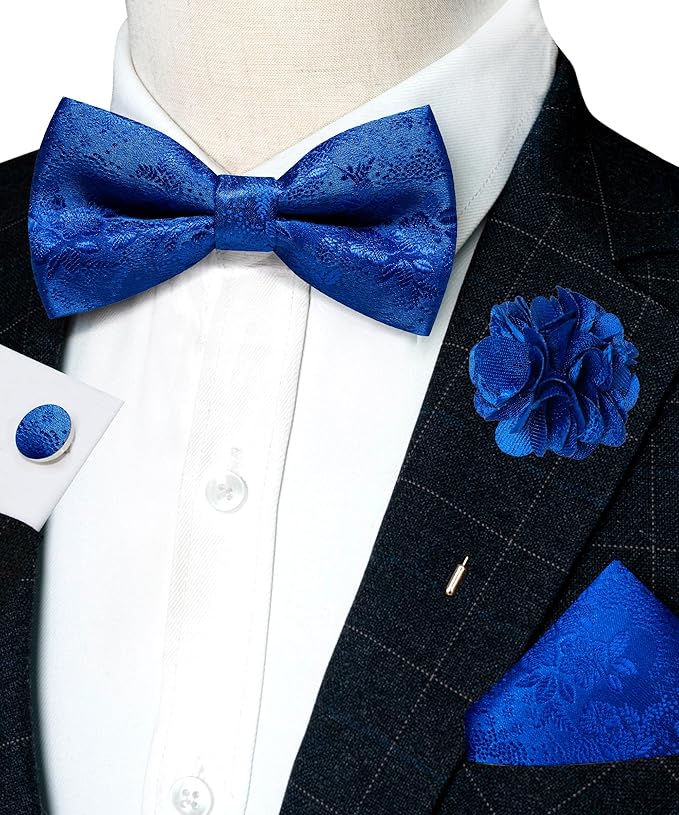 JEMYGINS Floral Pre-tied Bow Tie and Pocket Square Cufflinks Lapel Pin Sets for Men 4PCS