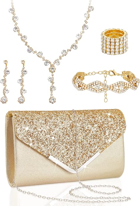 Henoyso 5 Pcs Purse Rhinestone Jewelry Set Prom Jewelry Rhinestone Clutch Purse Necklace Earrings Bracelets for Women Bride