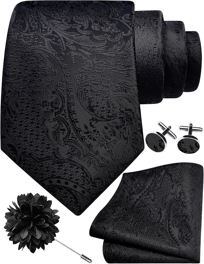 GUSLESON 8cm Paisley Tie Set for Men Necktie Lapel Pin Pocket Square Cufflinks Set for Men