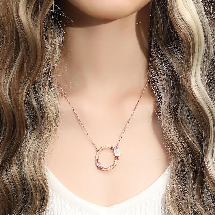 Flower Initial Letter Necklace Pink Red Blue Simulated Pearl Pendant Name Jewelry Made with Austrian Crystals Rose Gold Plated Anniversary Birthday Gifts for Women,18"+2"
