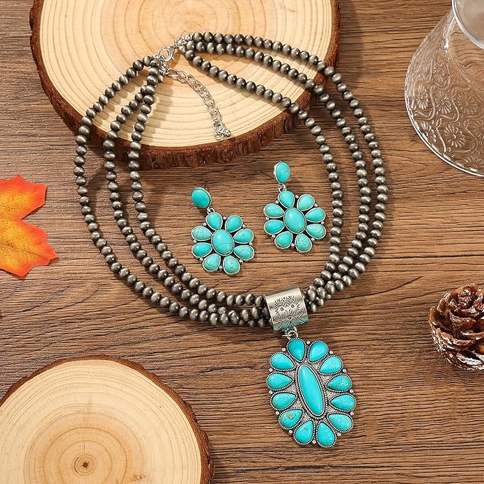KLSURPRISE2 Western Jewelry Sets for Women – Turquoise Necklace and Earring Set Vintage Boho Cowgirl Accessories Country Jewelry Gift for Her
