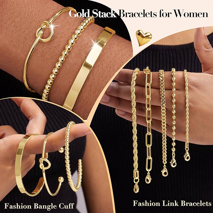 Silver Bracelets for Women Stack, Silver or Gold Plated Cuff Bangle Set, Trendy Silver Jewelry for Women Fashion