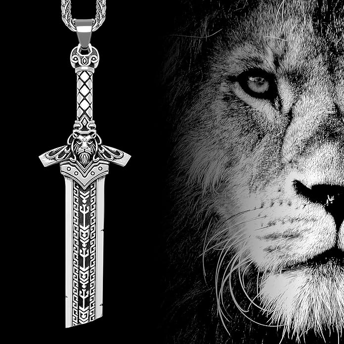 ZiWuark Mens Broken Sword Necklace Lion Head Knight Dragon Sword Pendant Viking Jewelry for Men Women