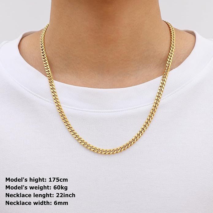 Fiusem Valentines Day Gifts for Him Silver Tone/Black/14K Gold Plated Chain Necklace for Men, 5mm/6mm/7.5mm/8mm/9mm Stainless Steel Cuban Link Chain Necklace, Men's Chains 18-28 Inch Jewelry Gifts