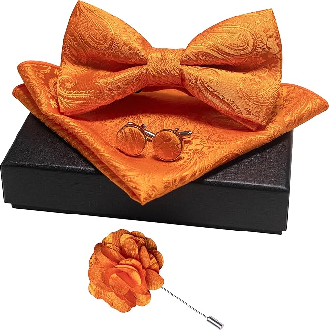 JEMYGINS Mens Paisley Bow Tie and Lapel Pin Necktie Pocket Square and Tie Clip with Sets for Business Casual 4PCS