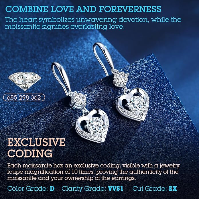 Heart Engraved Moissanite Earrings - 'I LOVE YOU' Gift for Wife or Girlfriend, Anniversary or Birthday Present
