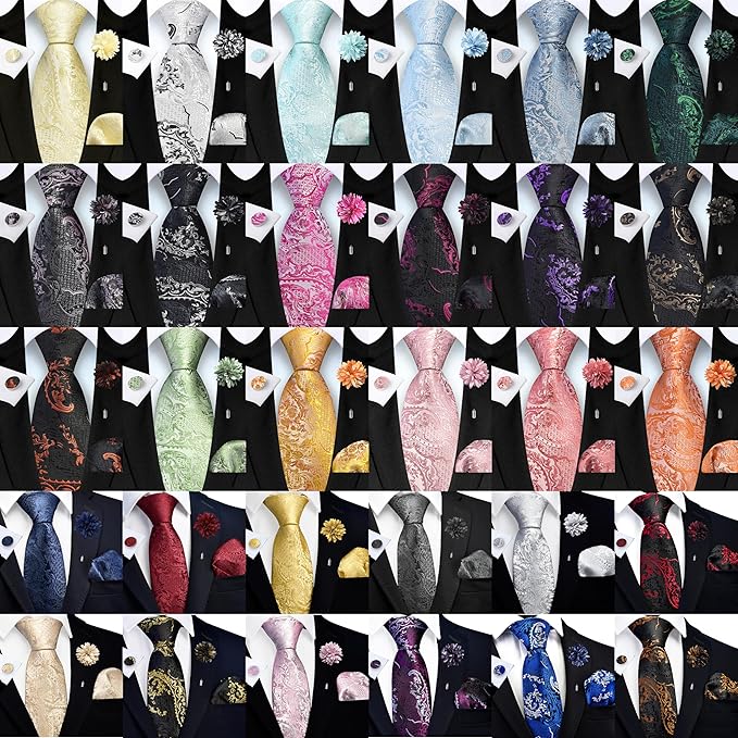 GUSLESON 8cm Paisley Tie Set for Men Necktie Lapel Pin Pocket Square Cufflinks Set for Men