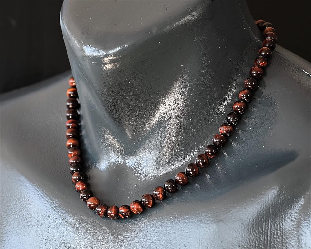 Natural Red Tiger Eye Beaded Choker, Genuine Red Crystal Necklace, Fancy Gemstone Choker, 8mm Beads, Unique Fashion Jewelry, Healing Crystal Chakra Necklace, Durable Necklace, Capricorn Necklace