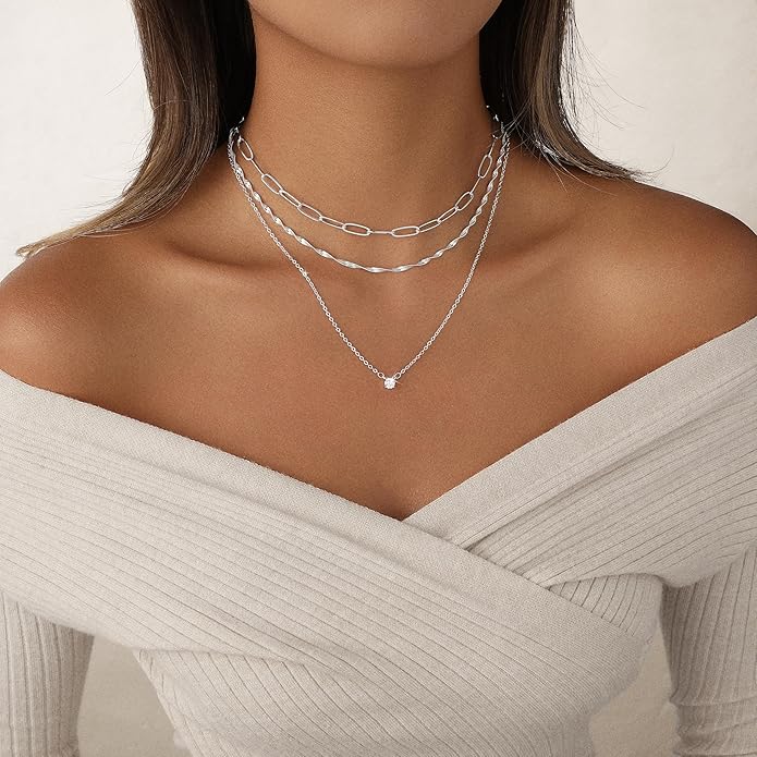 Layered Gold Necklace for Women Trendy 14K Gold Plated Heart CZ Pendant Layered Gold Necklaces Set Coin Choker Necklaces Simple Circle Cubic Zirconia Pearl Necklace Stack Herringbone Paperclip Chain Jewelry Set