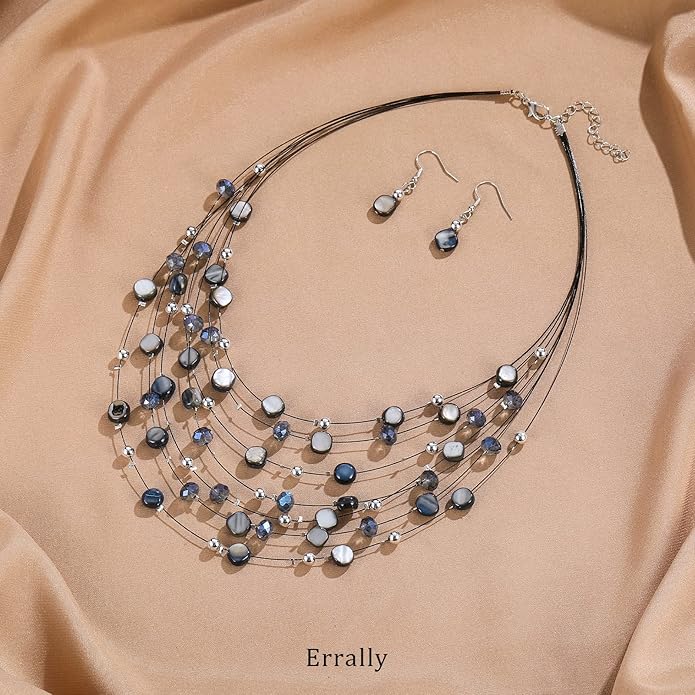 Multi-Layer Boho Shell Beaded Necklace for Women Colorful Crystal Strand with Silver Beads Statement Collars Necklace and Earrings Costumes Jewelry Sets for Women
