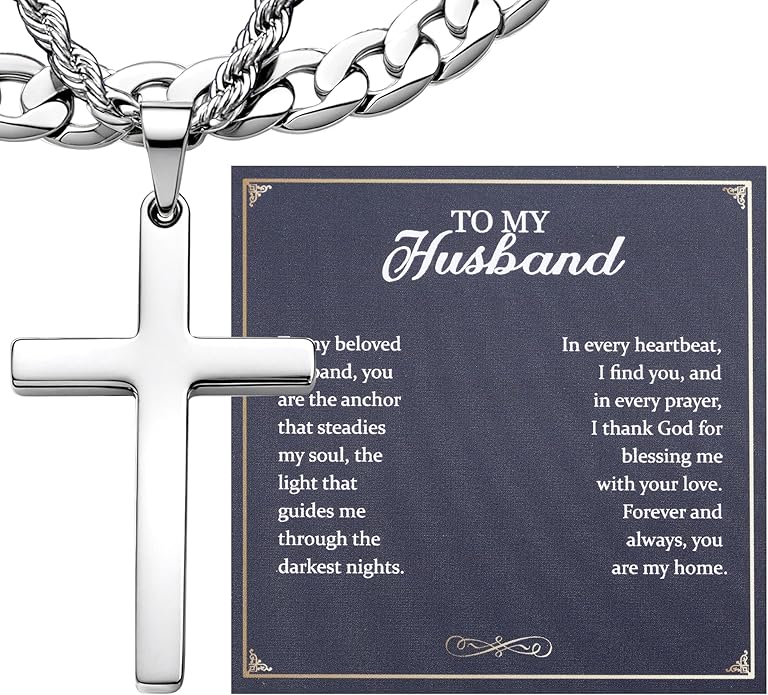 TEN MIRO Silver/Black Cross Necklace for Men Boy Stainless Steel Cross Pendant Necklace for Men Christian Religious Jewelry with Box & Card Birthday Anniversary Christmas Father's Day Gifts for Him