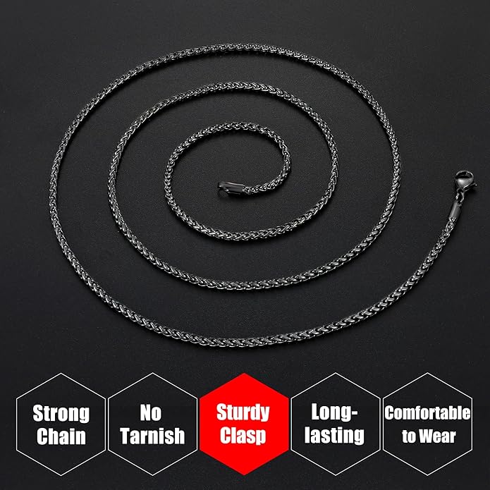 Fiusem Wheat Chains for Men and Women, 2/2.5/3/4/5mm Silver Tone/14K Gold Plated/Black Necklace Chain, Stainless Steel Mens Necklace 16-28 Inch
