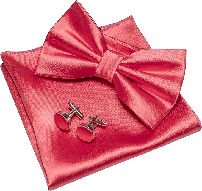 JEMYGINS Solid Color mens Pre-tied Bow Tie and Pocket Square Cufflinks Sets with Gift Box