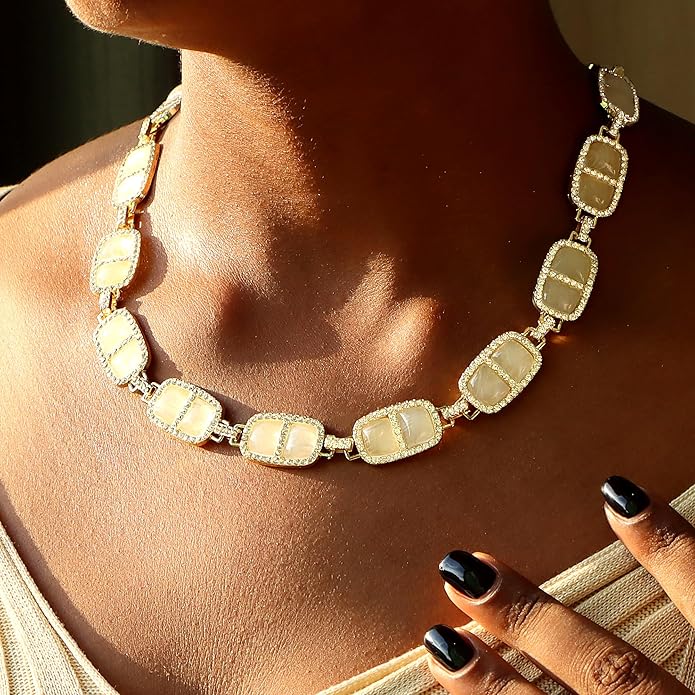 Chunky Necklace for Women 12 Colors Diamond Stone Gold Statement Necklace for Women Full Trendy Blue Birthstone Choker Necklace for Women Square Design Necklace Jewelry