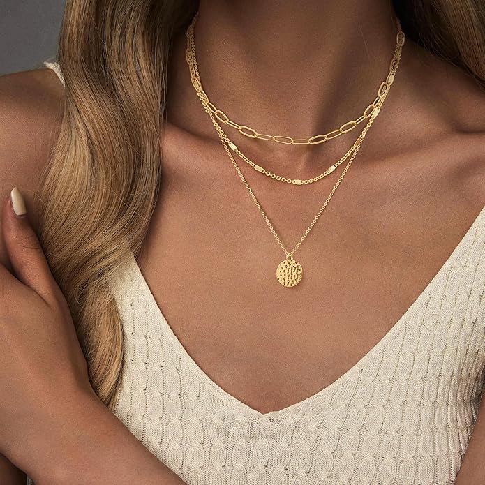 Gold Layered Necklaces for Women, 14K Gold Plated Dainty Necklace Set with Paperclip, Adjustable Trendy Gold Jewelry Stackable Gift