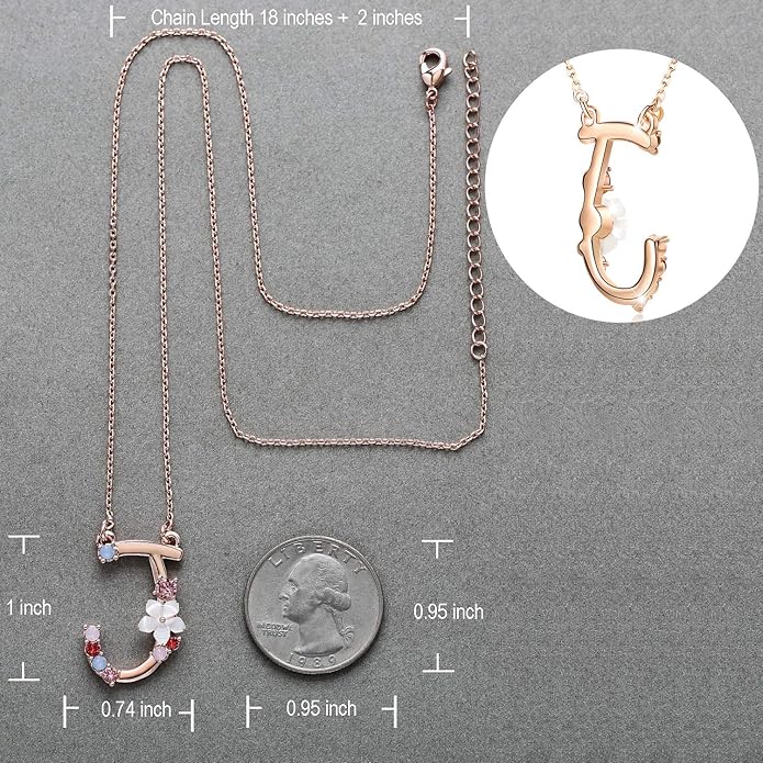 Flower Initial Letter Necklace Pink Red Blue Simulated Pearl Pendant Name Jewelry Made with Austrian Crystals Rose Gold Plated Anniversary Birthday Gifts for Women,18"+2"