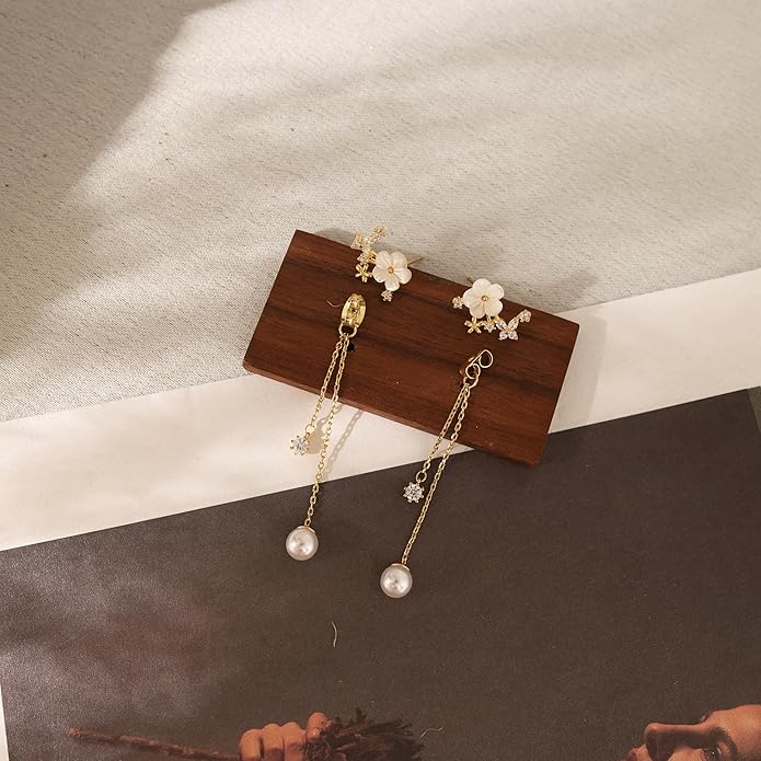 Gold Earrings for Women,Dainty 14k Gold Plated Pearl Drop Earring Dangle Pearl Dangling Earrings for Women Trendy Small Cute Wedding CZ Earring Long Chain Threader Prom Jewelry Gifts
