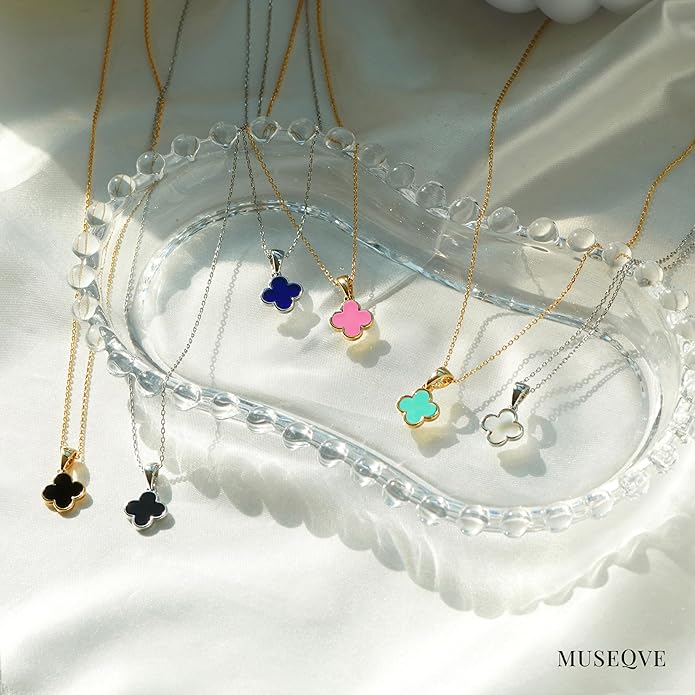 MUSEQVE Four Leaf Clover Necklace for Women Dainty Mother of Pearl White Black Onyx Pink Blue Mint Green Crystal Lucky Clover Pendant 14K Gold Plated Jewelry Gifts [CVRN]