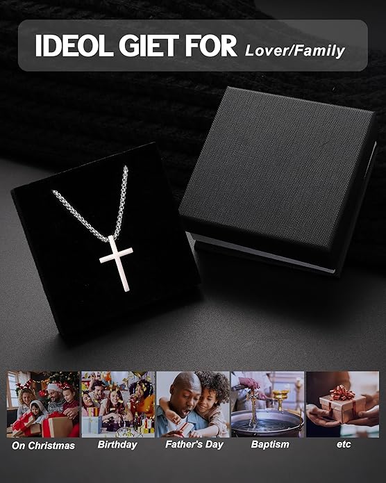 TEN MIRO Silver/Black Cross Necklace for Men Boy Stainless Steel Cross Pendant Necklace for Men Christian Religious Jewelry with Box & Card Birthday Anniversary Christmas Father's Day Gifts for Him