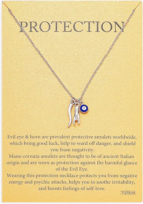 Dainty Blue Evil Eye Charm Horn Pendant Necklace for Women's Spiritual Protection Jewelry 14K Gold Plated