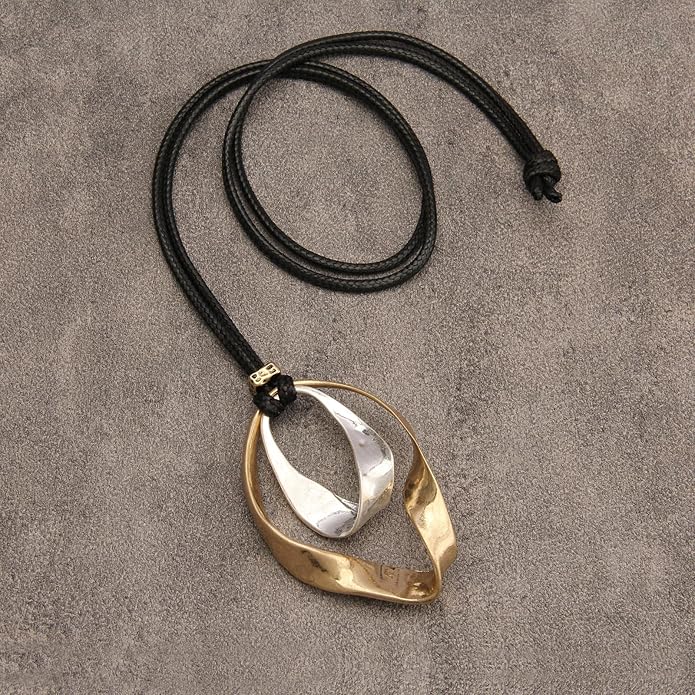 Long Boho Necklaces for Women Vintage Leather Wooden Pendant Y Choker Ethnic Style Gold Circle Hippie Sweater Necklace