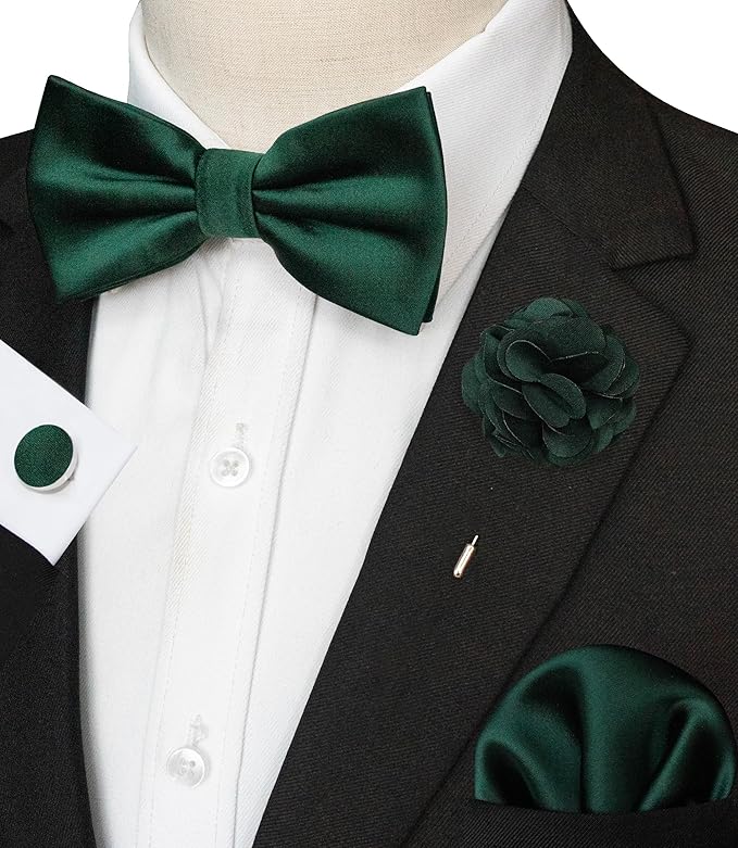 JEMYGINS Solid Color mens Pre-tied Bow Tie and Pocket Square Cufflinks Sets with Gift Box