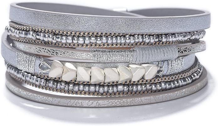 Fesciory Leather Wrap Bracelets for Women, Boho Leopard Multi-Layer Crystal Beads Cuff Bracelet Jewelry