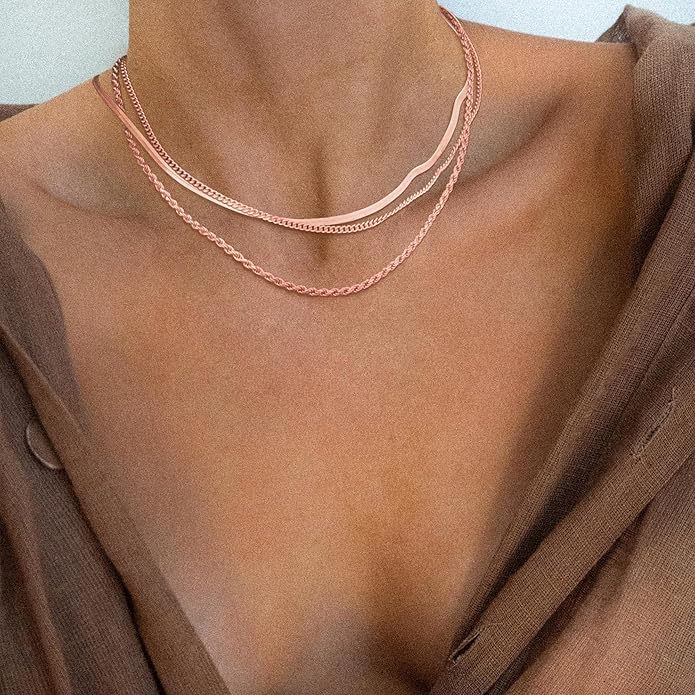 Freekiss Herringbone Necklace for Women,Dainty Gold Necklace,14k Gold Plated Snake,Gold Chain Choker Necklaces,Simple Gold Layered Necklaces,Gold Jewelry Gift for Women