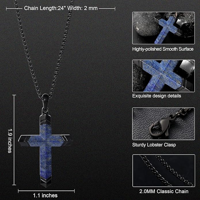 GTMJ Cross Necklace for Men -Stainless Steel & Gemstone Adjustable Box Chain 24-26in, Spiritual Jewelry Gift for Him, Everyday Wear