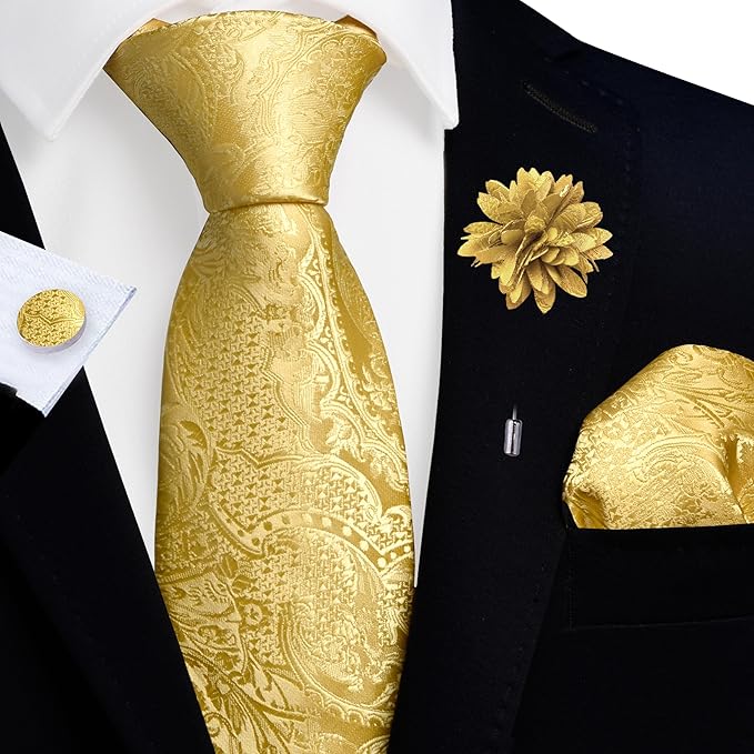 GUSLESON 8cm Paisley Tie Set for Men Necktie Lapel Pin Pocket Square Cufflinks Set for Men