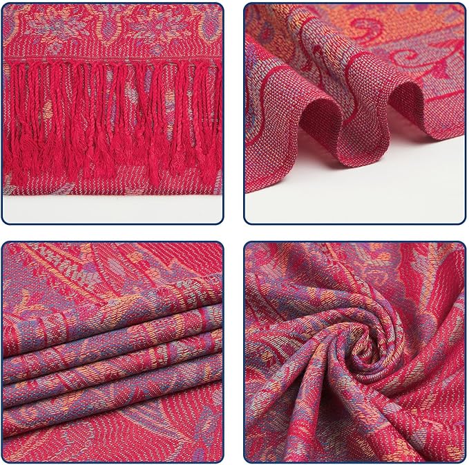 QIUTIMIY Paisley Pashmina Shawl Wrap Women Reversible Vintage Jacquard Pashmina Rave Scarf with Fringe for Evening, Wedding