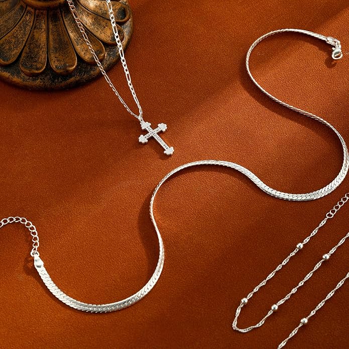 ASCOMY Gold Necklace for Women 14K Gold/Silver Plated Layered Necklaces Stackable Layering Cross Necklace Stacked Coin Pendant Pearl Herringbone Chain Stacking Gold Choker Trendy Jewelry Gift for Her