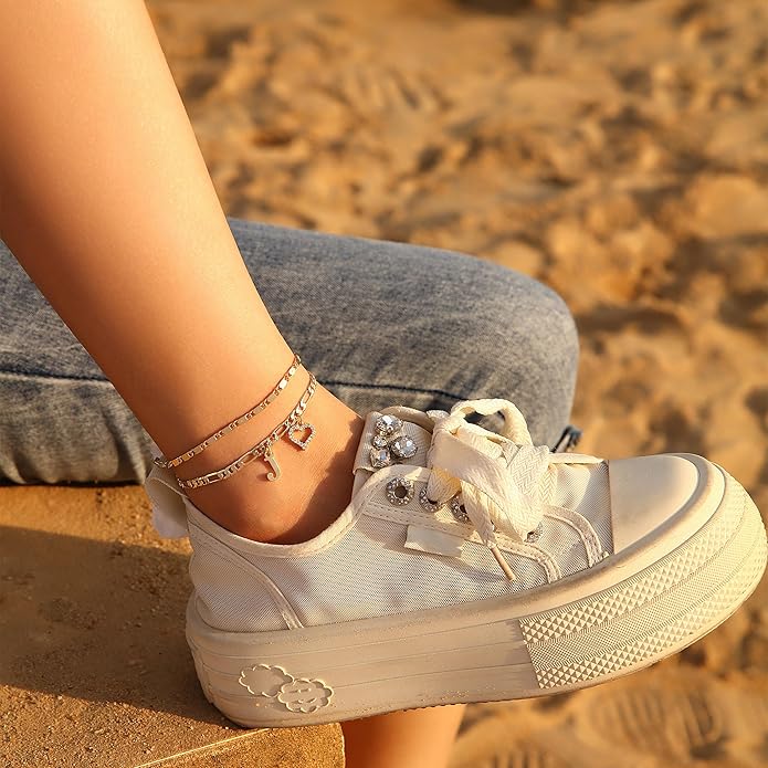 Initial Ankle Bracelets for Women Waterproof 14K Gold Plated Dainty Layered Figaro Chain Letter Initial CZ Heart Ankle Bracelets Set Summer Beach Jewelry for Women